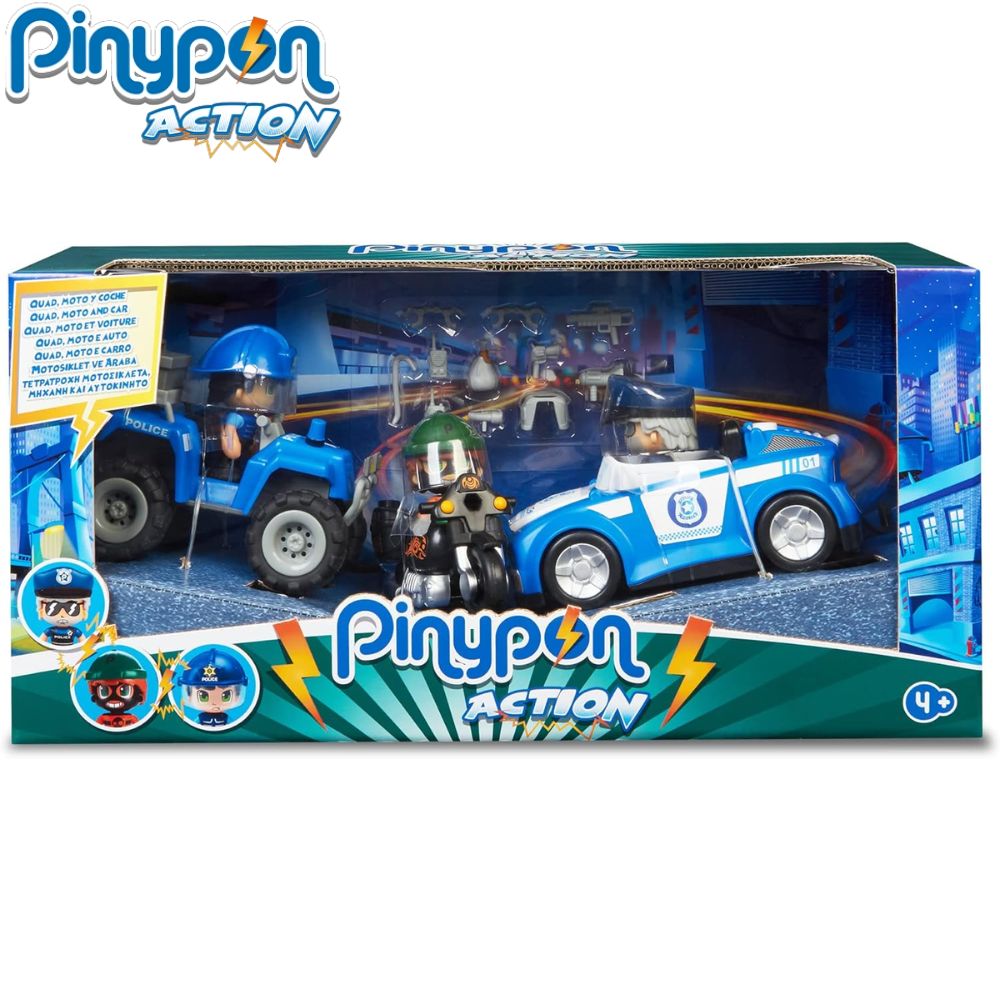 Pinypon Action coche policia quad y moto con ladron MANCHATOYS