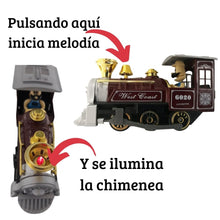 Cargar imagen en el visor de la galería, TREN LOCOMOTORA RETRO (METAL-FRICCION) CON CONDUCTOR, LUZ Y MELODIA (15 CM)
