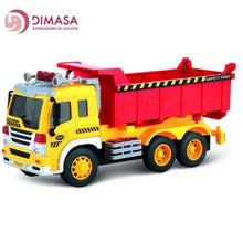 Cargar imagen en el visor de la galería, Camión rojo y amarillo volquete juguete escala 1/16 fricción con luces y sonidos