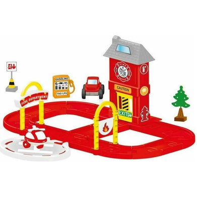 Estación de bomberos con coche y helicóptero