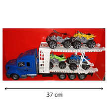 Cargar imagen en el visor de la galería, Camión azul de transporte con 4 quads de juguete
