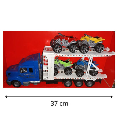 Camión azul de transporte con 4 quads de juguete