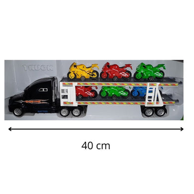camión negro de juguete transporta 6 motos deportivas